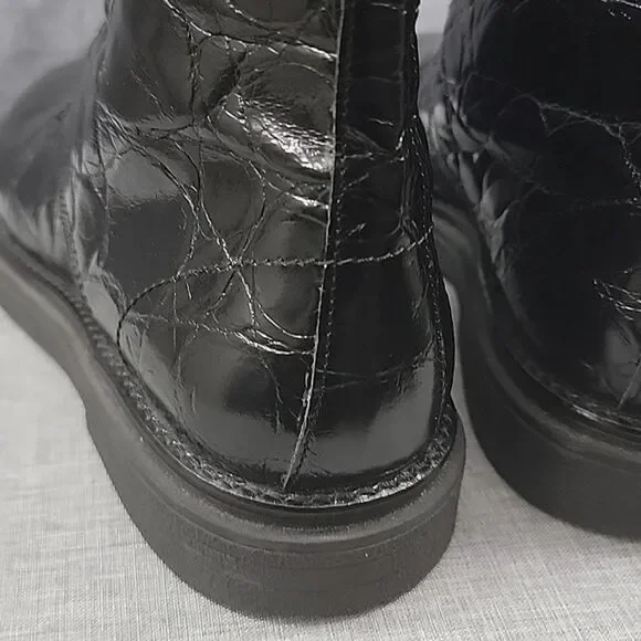 AGL Moreen Women's Black Croc Embossed Patent Leather Lace Up Boots Women's 39.5
